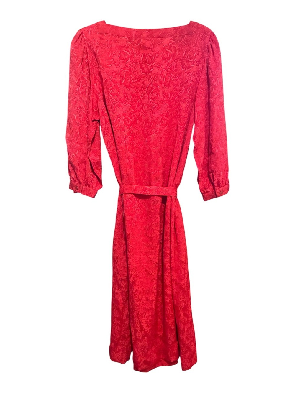 VTG 80s Disegni 100% Silk Red Floral Jacquard Midi Dress Puff Sleeve Belted 8 - Picture 6 of 11